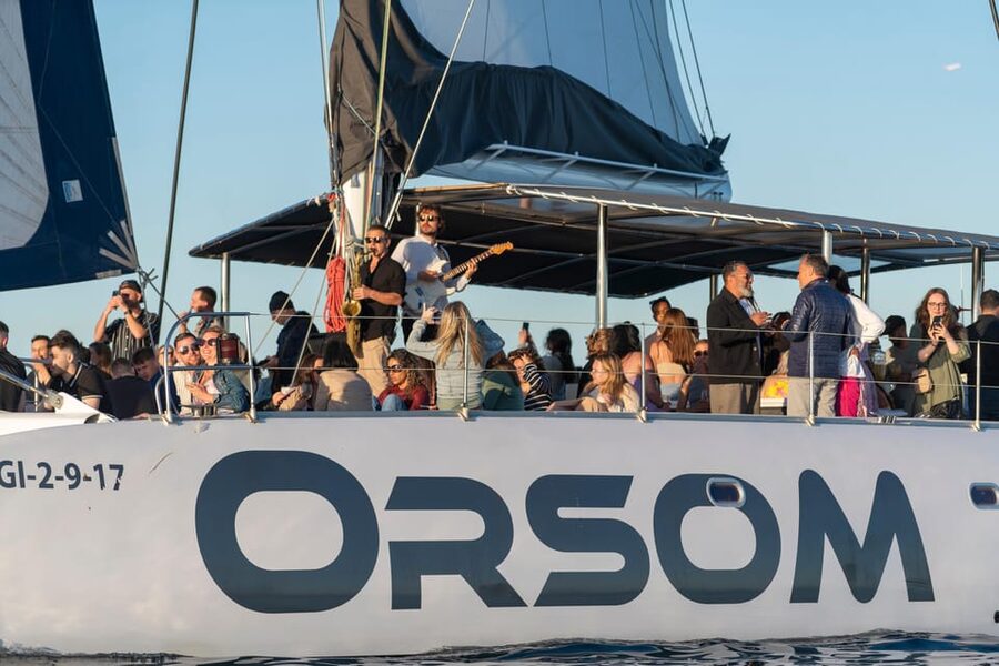 Barcelona: Catamaran Cruise with optional Live Jazz Music - Open water, sails, and the forward net
